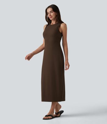 Ribbed Round Neck Sleeveless Built-in Bra Bodycon Midi Casual Dress