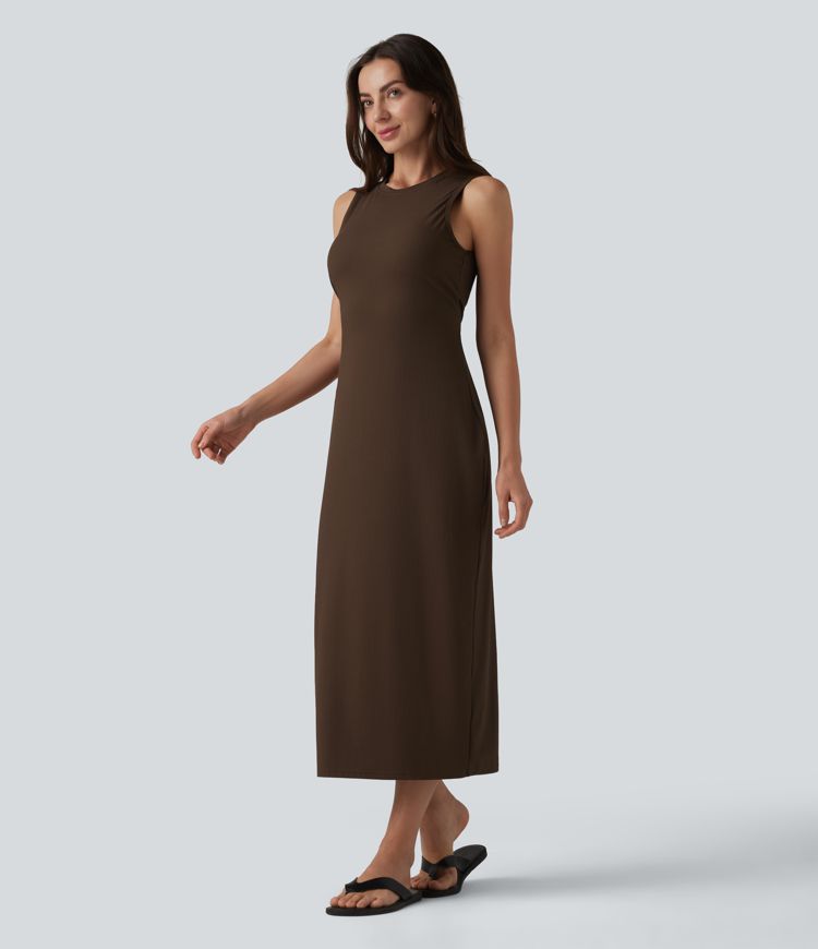 Ribbed Round Neck Sleeveless Built-in Bra Bodycon Midi Casual Dress