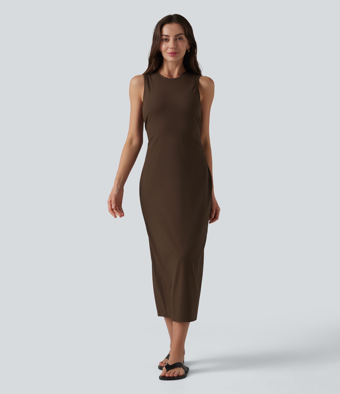 Ribbed Round Neck Sleeveless Built-in Bra Bodycon Midi Casual Dress