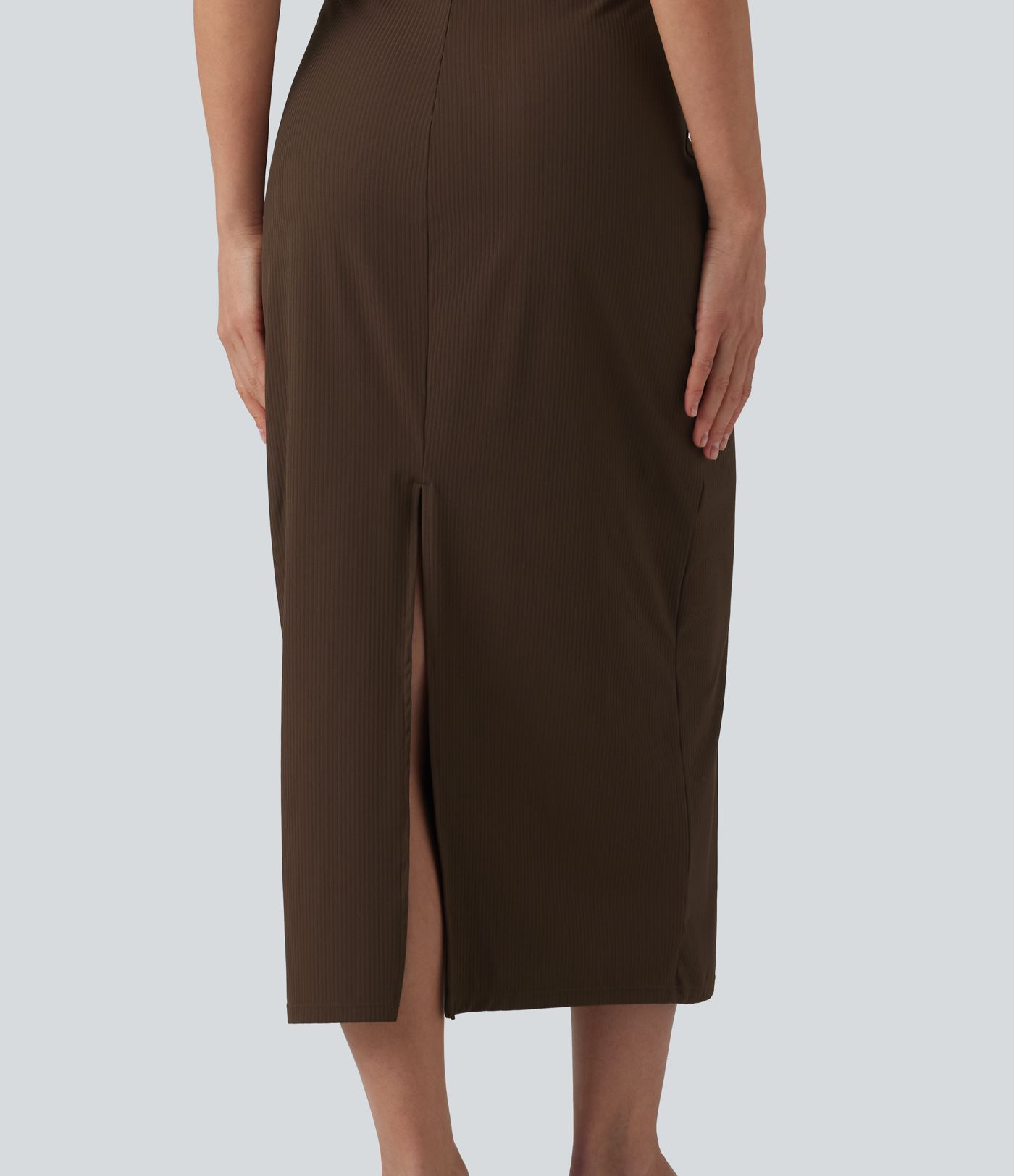 Ribbed Round Neck Sleeveless Built-in Bra Bodycon Midi Casual Dress