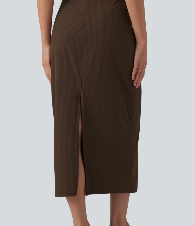 Ribbed Round Neck Sleeveless Built-in Bra Bodycon Midi Casual Dress