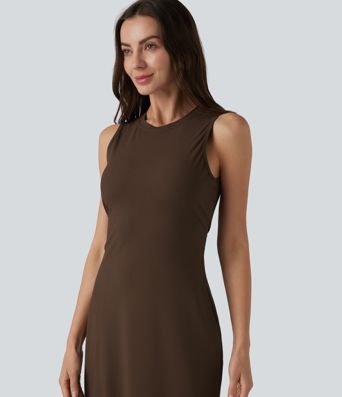 Ribbed Round Neck Sleeveless Built-in Bra Bodycon Midi Casual Dress
