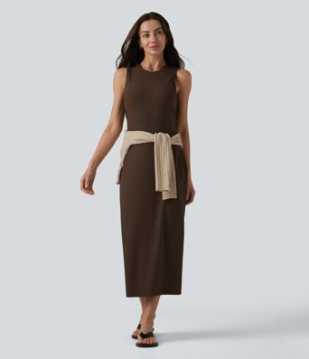Ribbed Round Neck Sleeveless Built-in Bra Bodycon Midi Casual Dress