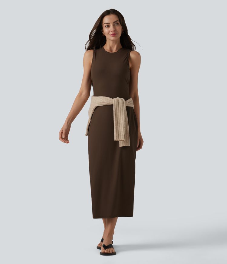 Ribbed Round Neck Sleeveless Built-in Bra Bodycon Midi Casual Dress