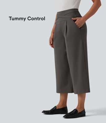 Halara Flex™ DayStretch High Waisted Tummy Control Crossover Cropped Wide Leg Work Pants with Pockets