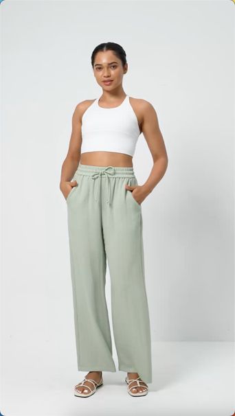 High Waisted Drawstring Pocket Wide Leg Casual Linen-Feel Pants