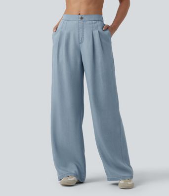 Mid Rise Wide Leg Casual Jeans with Pockets