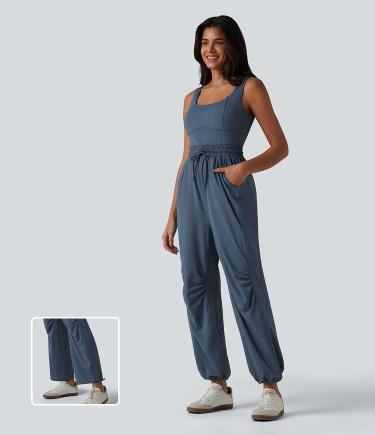 U-neck Sleeveless Drawstring Ruched Casual Jumpsuit with Pockets U-neck Sleeveless Drawstring Ruched Casual Jumpsuit with Pockets
