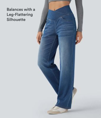 Halara Flex™ SoCinched Crossover vaqueros de talle alto control abdominal y bolsillos, pernera recta y corte relajado