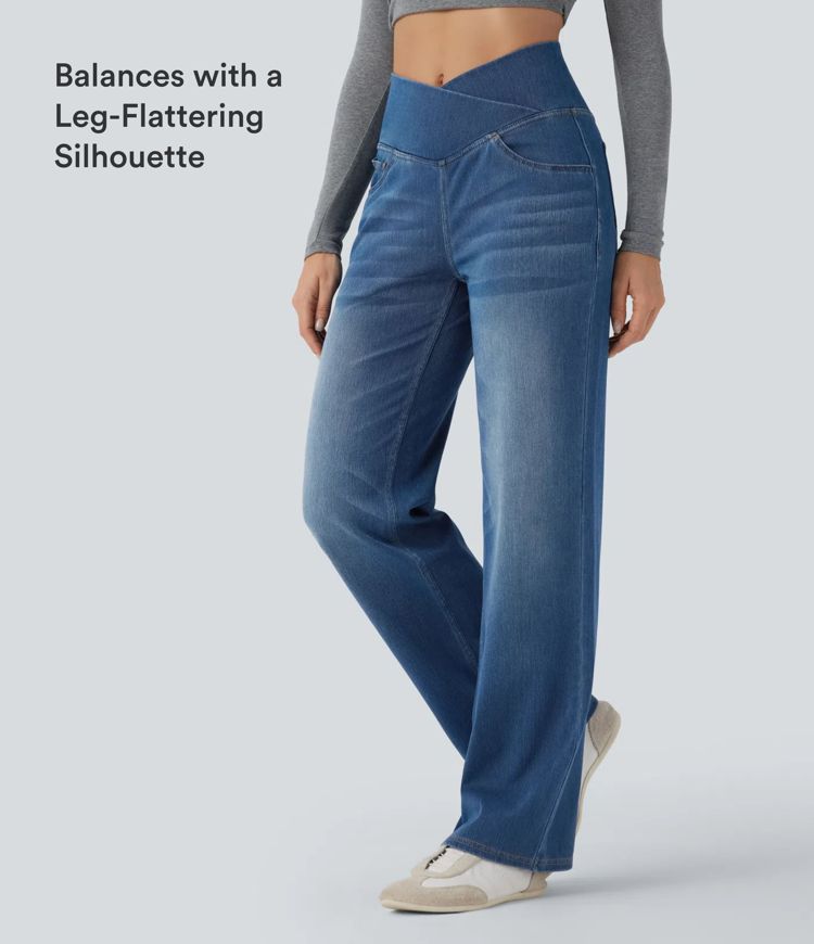 Halara Flex™ SoCinched Crossover vaqueros de talle alto control abdominal y bolsillos, pernera recta y corte relajado