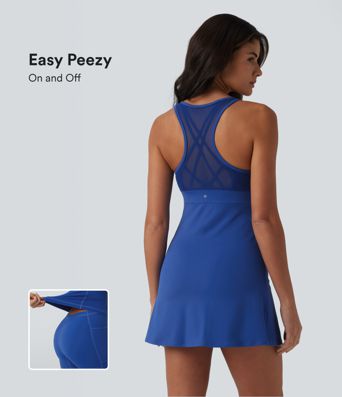 SoftlyZero™ Plush Racerback Contrast Mesh Crisscross U-Neck Sleeveless Built-in Bra Dance Active Dress with Pockets-Easy Peezy