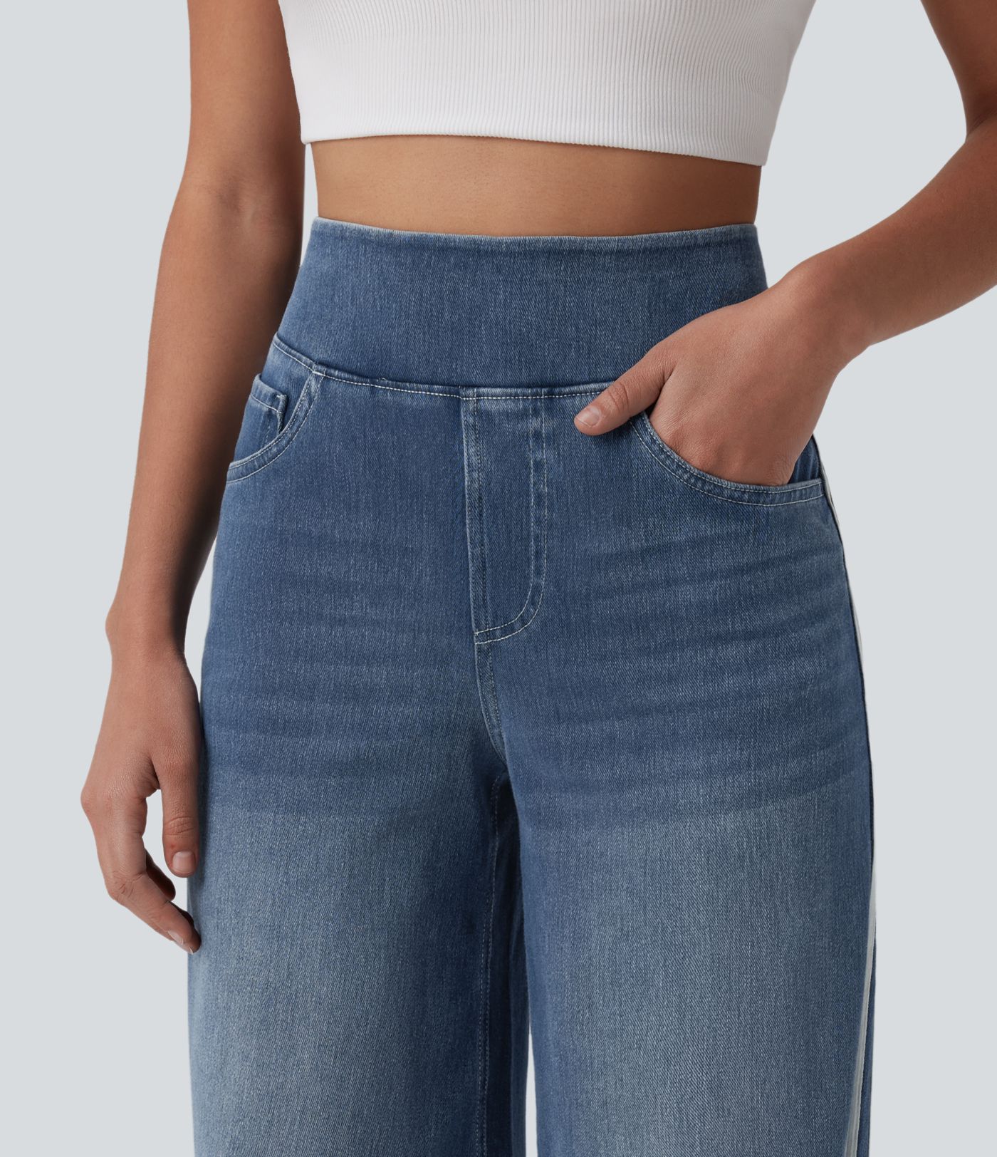Halara Flex™ High Waisted Stripe Wide Leg Flowy Washed Casual Jeans with Pockets