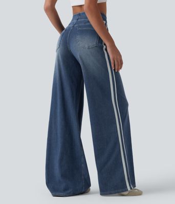 Halara Flex™ High Waisted Stripe Wide Leg Flowy Washed Casual Jeans with Pockets