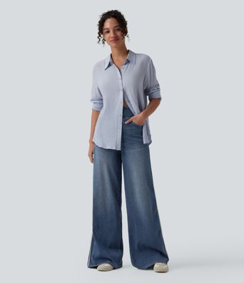 Halara Flex™ High Waisted Stripe Wide Leg Flowy Washed Casual Jeans with Pockets