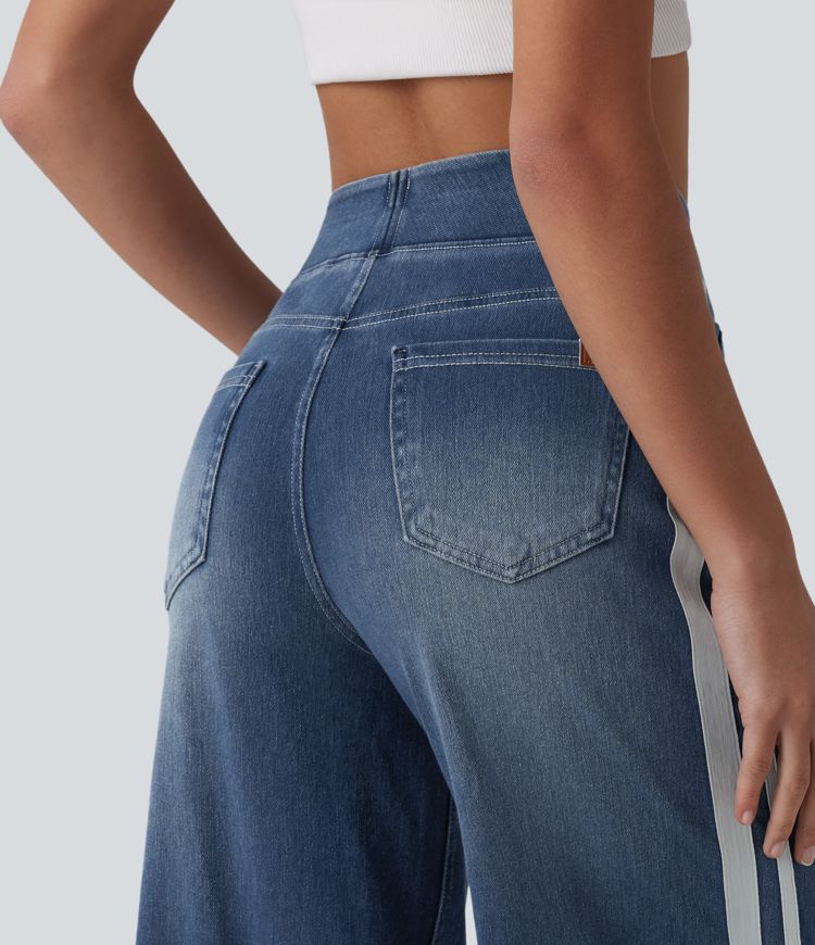 Halara Flex™ High Waisted Stripe Wide Leg Flowy Washed Casual Jeans with Pockets