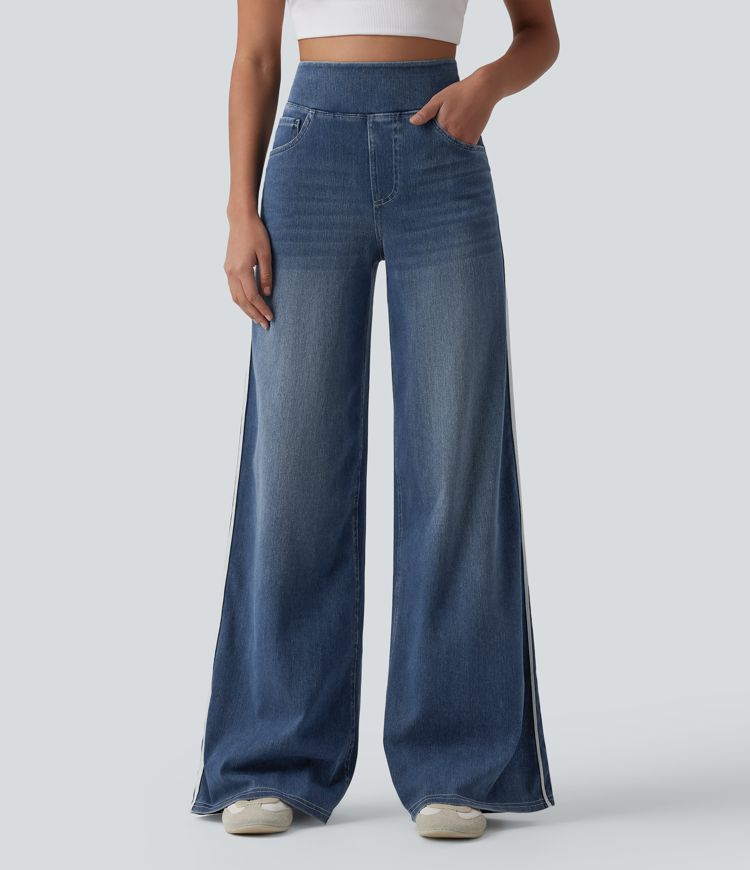 Halara Flex™ High Waisted Stripe Wide Leg Flowy Washed Casual Jeans with Pockets