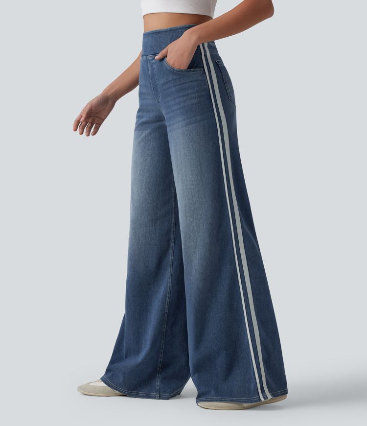 Halara Flex™ High Waisted Stripe Wide Leg Flowy Washed Casual Jeans with Pockets