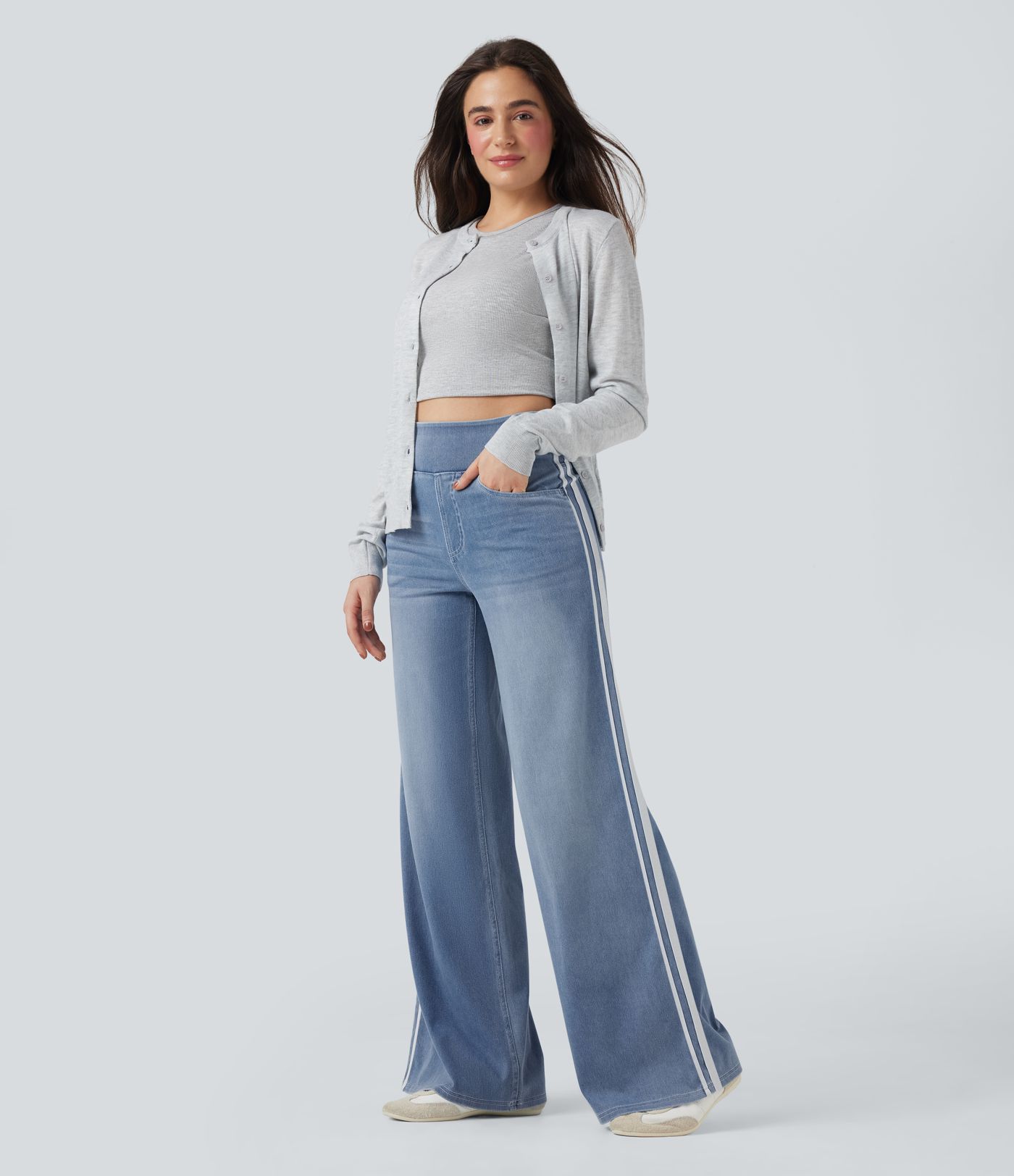 Halara Flex™ Gestreepte casual jeans met hoge taille, wijd uitlopende pijpen, losvallend, gewassen, met zakken