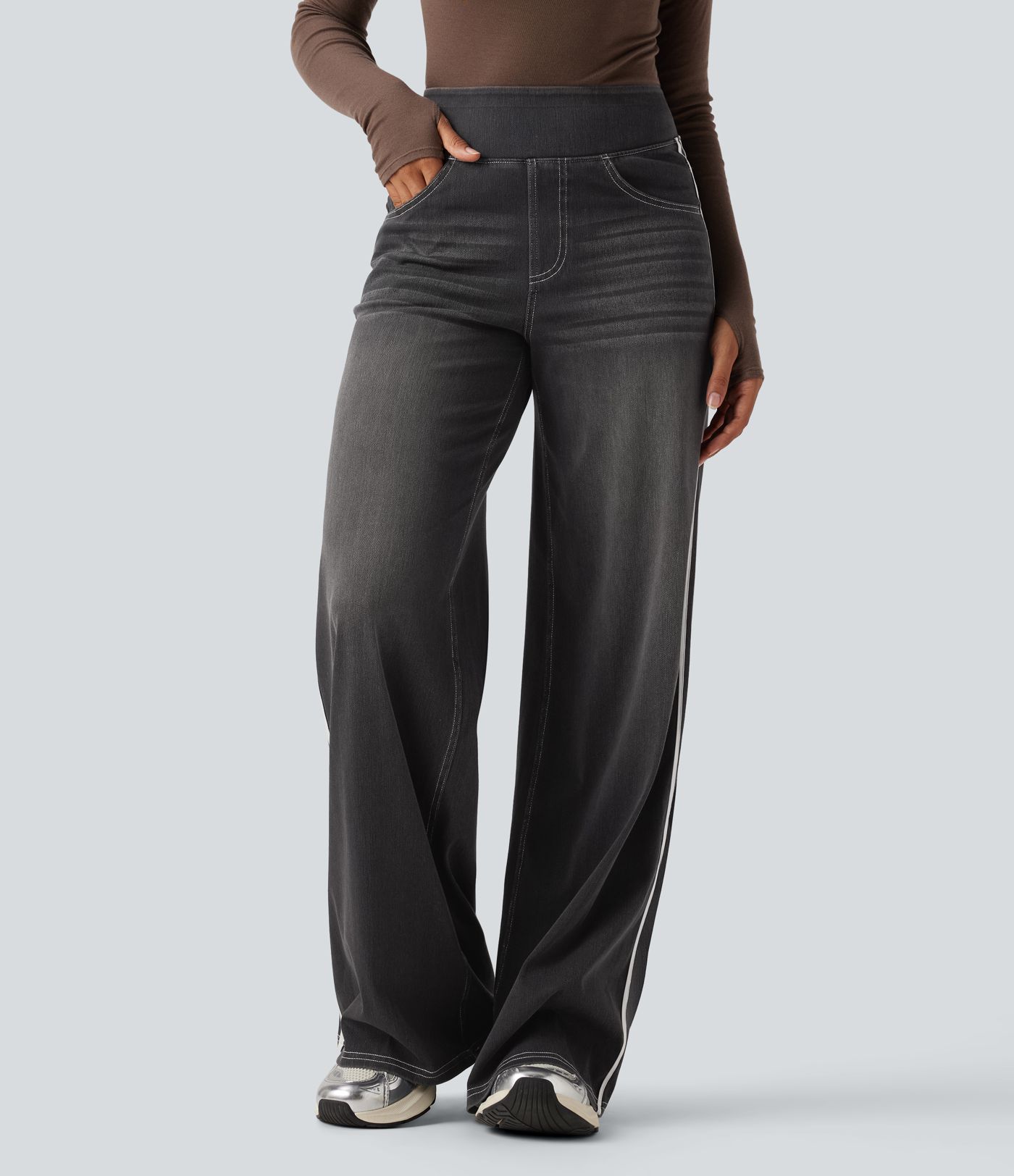 Halara Flex™ High Waisted Stripe Wide Leg Flowy Washed Casual Jeans with Pockets