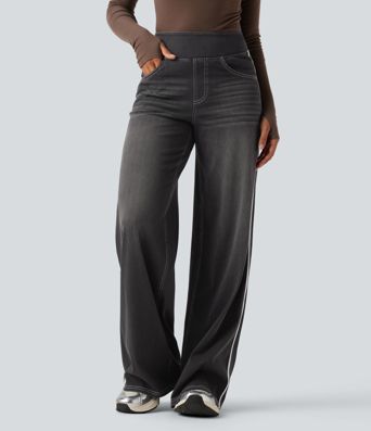 Halara Flex™ High Waisted Stripe Wide Leg Flowy Washed Casual Jeans with Pockets