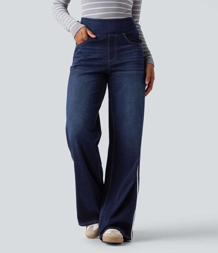 Halara Flex™ High Waisted Stripe Wide Leg Flowy Washed Casual Jeans with Pockets
