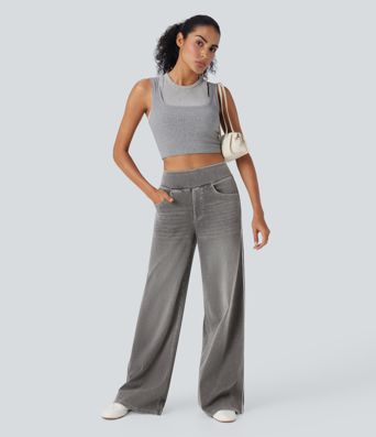 Halara Flex™ High Waisted Stripe Wide Leg Flowy Washed Casual Jeans with Pockets