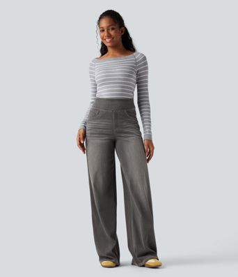 Halara Flex™ High Waisted Stripe Wide Leg Flowy Washed Casual Jeans with Pockets