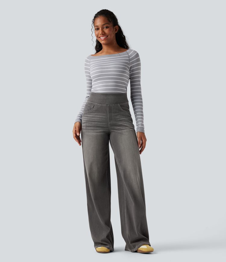 Halara Flex™ High Waisted Stripe Wide Leg Flowy Washed Casual Jeans with Pockets