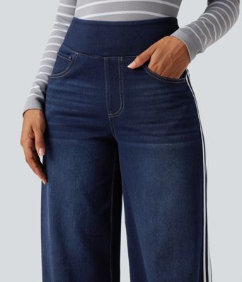 Halara Flex™ High Waisted Stripe Wide Leg Flowy Washed Casual Jeans with Pockets
