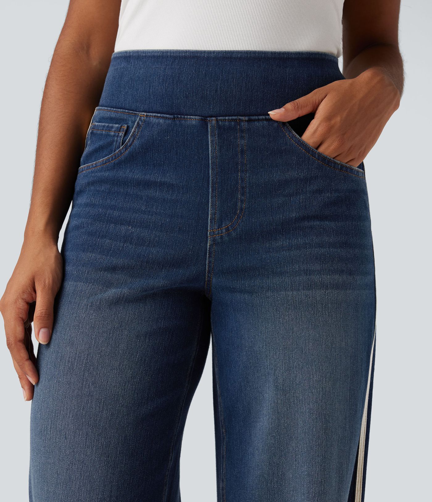 Halara Flex™ High Waisted Stripe Wide Leg Flowy Washed Casual Jeans with Pockets
