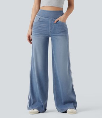 Halara Flex™ Gestreepte casual jeans met hoge taille, wijd uitlopende pijpen, losvallend, gewassen, met zakken