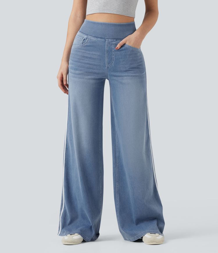 Halara Flex™ Gestreepte casual jeans met hoge taille, wijd uitlopende pijpen, losvallend, gewassen, met zakken