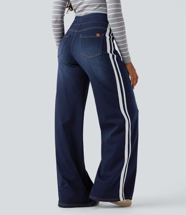 Halara Flex™ High Waisted Stripe Wide Leg Flowy Washed Casual Jeans with Pockets