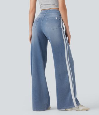 Halara Flex™ Gestreepte casual jeans met hoge taille, wijd uitlopende pijpen, losvallend, gewassen, met zakken