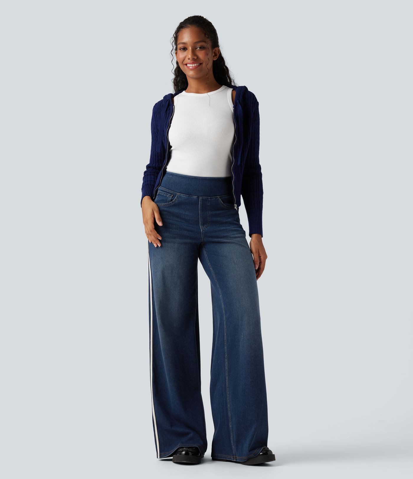Halara Flex™ High Waisted Stripe Wide Leg Flowy Washed Casual Jeans with Pockets