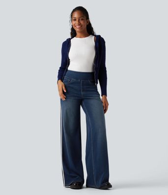 Halara Flex™ High Waisted Stripe Wide Leg Flowy Washed Casual Jeans with Pockets