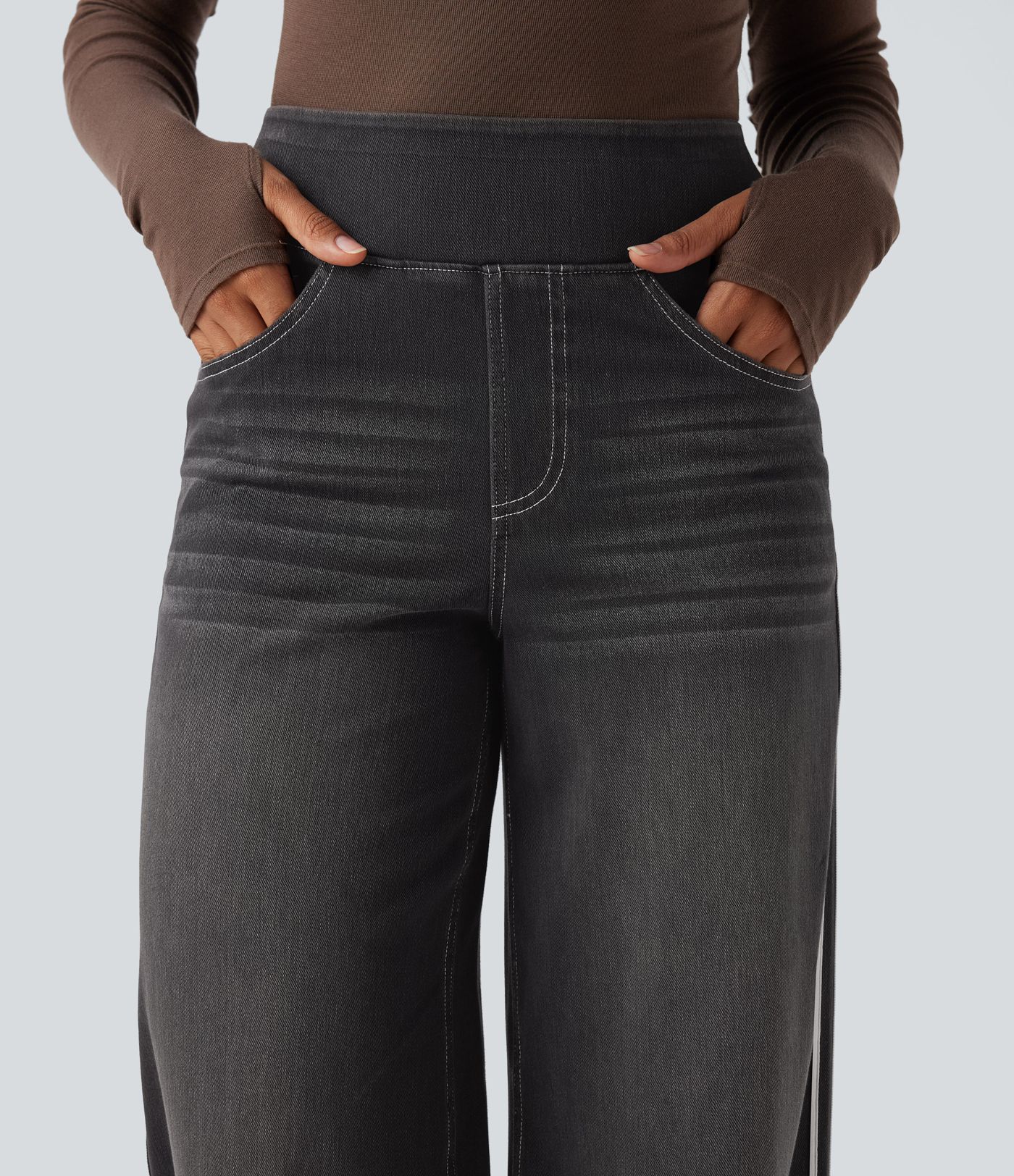 Halara Flex™ High Waisted Stripe Wide Leg Flowy Washed Casual Jeans with Pockets