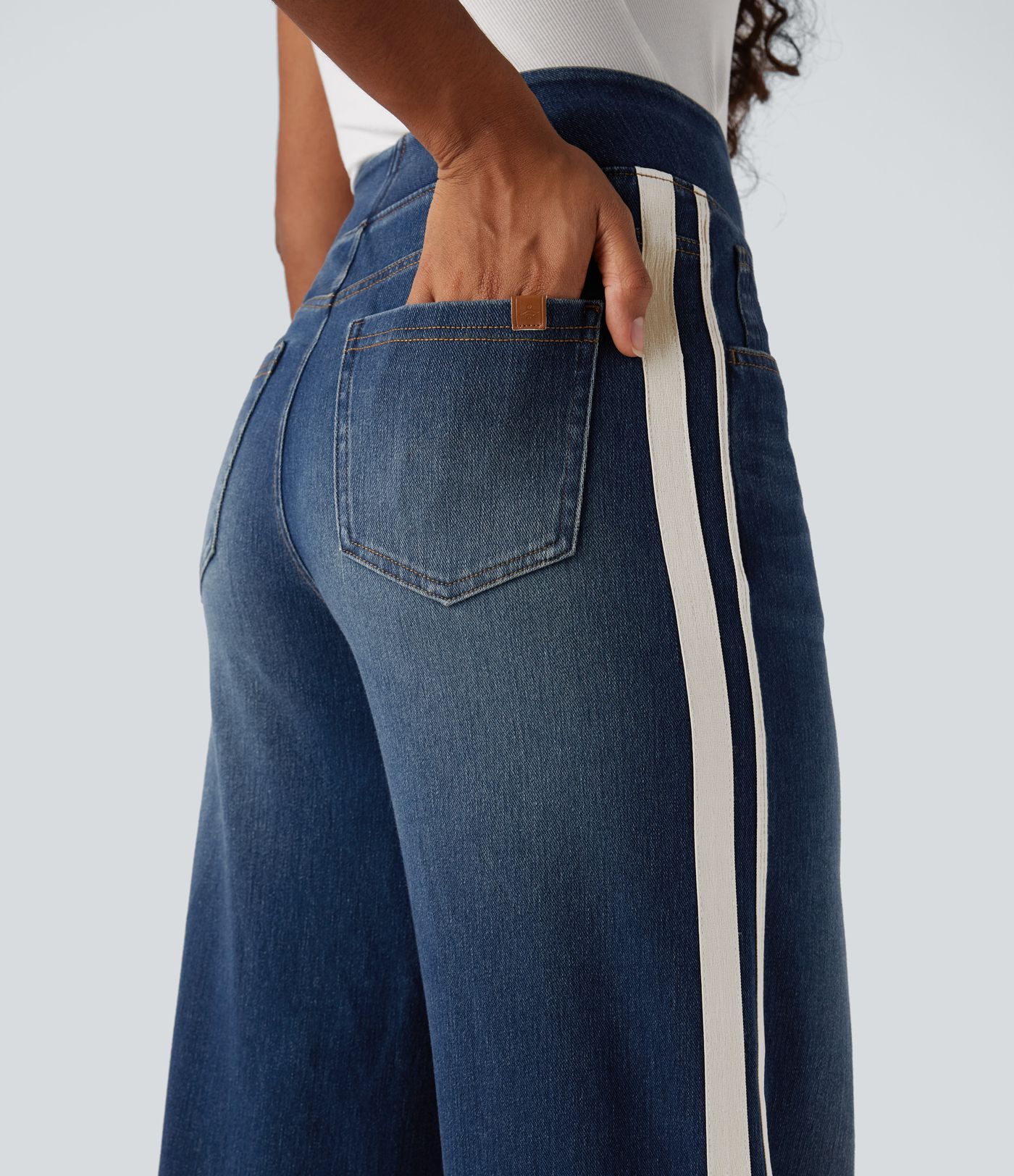 Halara Flex™ High Waisted Stripe Wide Leg Flowy Washed Casual Jeans with Pockets