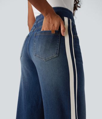 Halara Flex™ High Waisted Stripe Wide Leg Flowy Washed Casual Jeans with Pockets