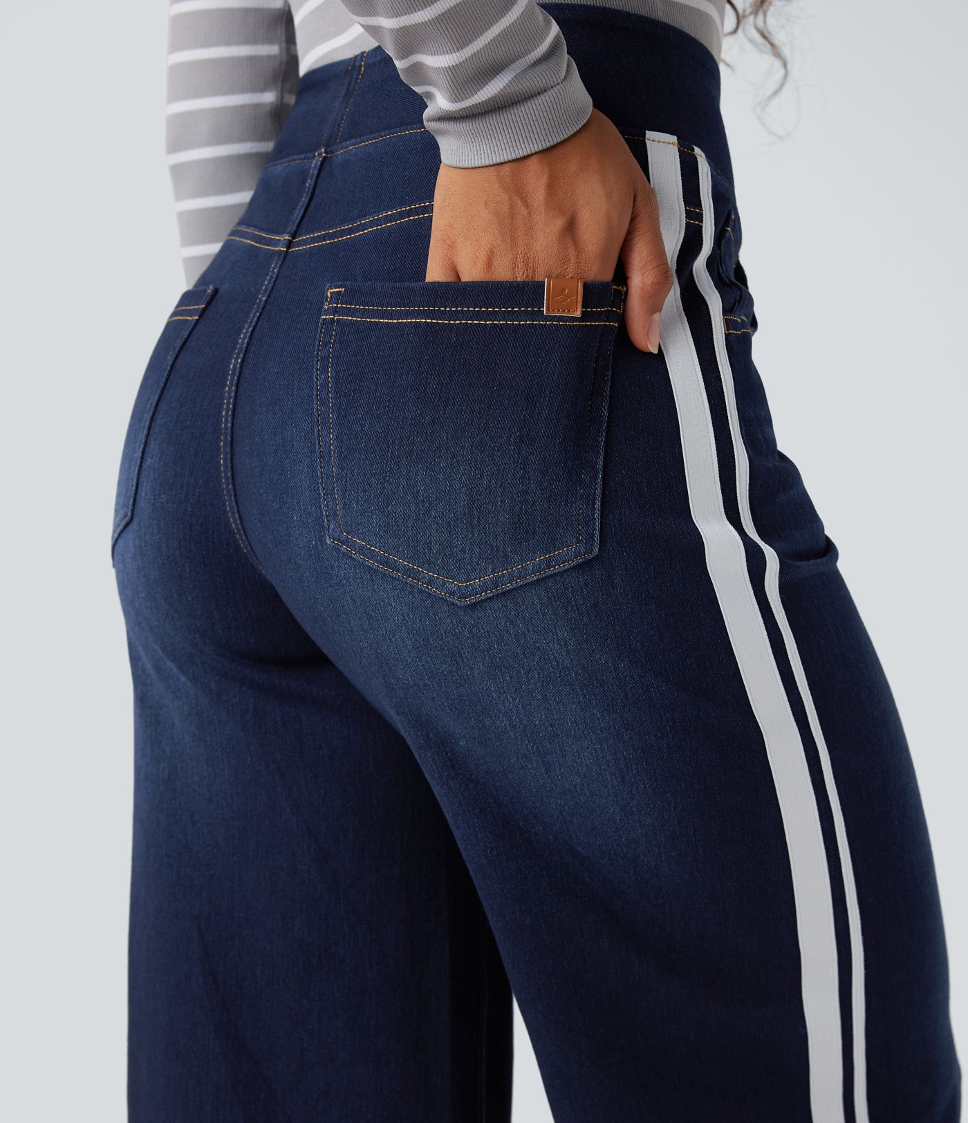Halara Flex™ High Waisted Stripe Wide Leg Flowy Washed Casual Jeans with Pockets