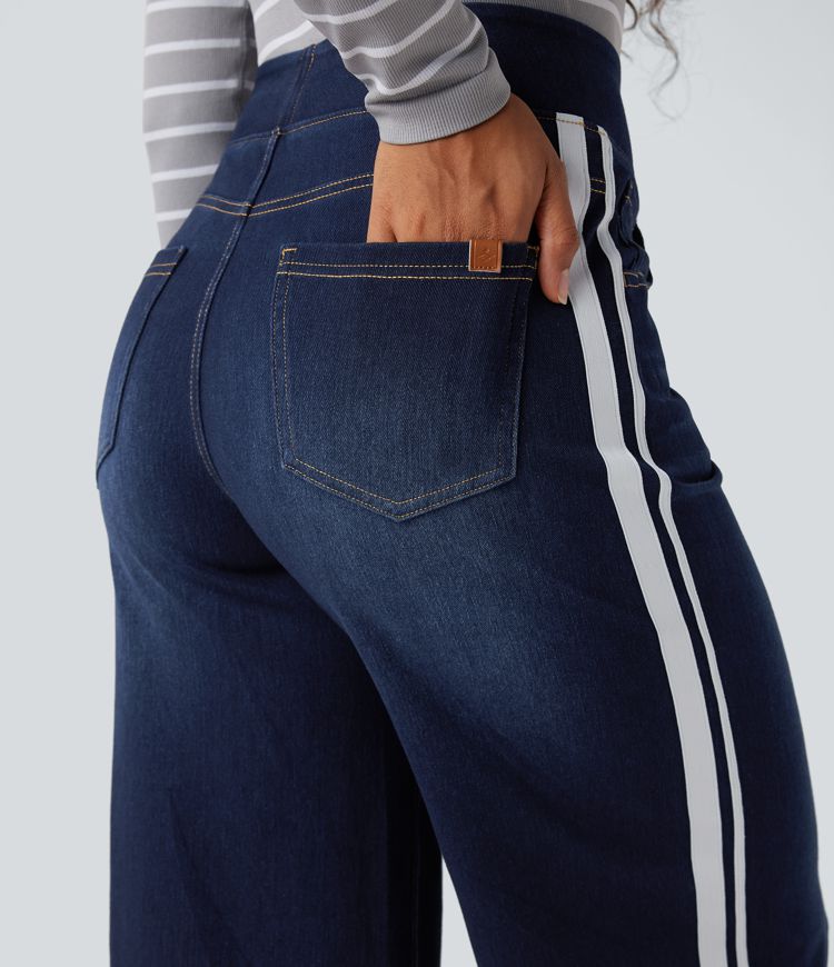 Halara Flex™ High Waisted Stripe Wide Leg Flowy Washed Casual Jeans with Pockets