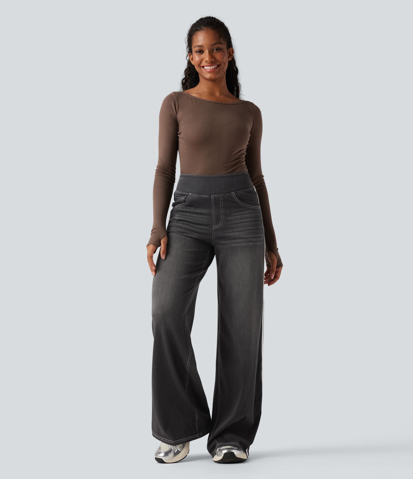 Halara Flex™ High Waisted Stripe Wide Leg Flowy Washed Casual Jeans with Pockets