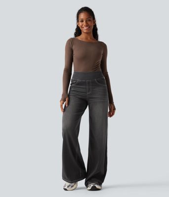 Halara Flex™ High Waisted Stripe Wide Leg Flowy Washed Casual Jeans with Pockets