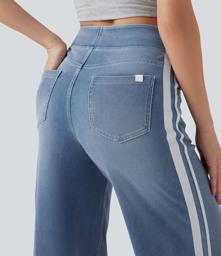 Halara Flex™ Gestreepte casual jeans met hoge taille, wijd uitlopende pijpen, losvallend, gewassen, met zakken