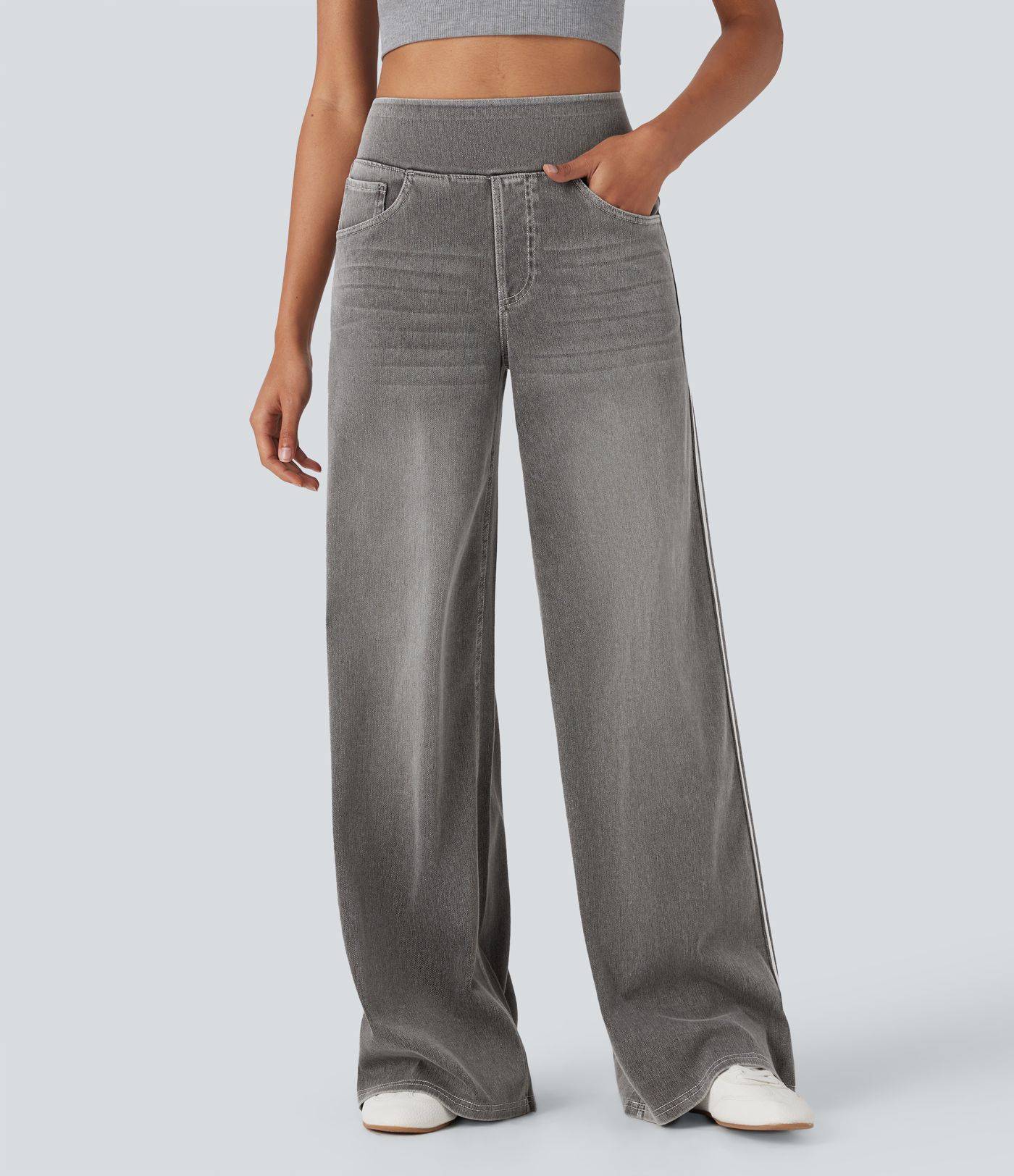Halara Flex™ High Waisted Stripe Wide Leg Flowy Washed Casual Jeans with Pockets