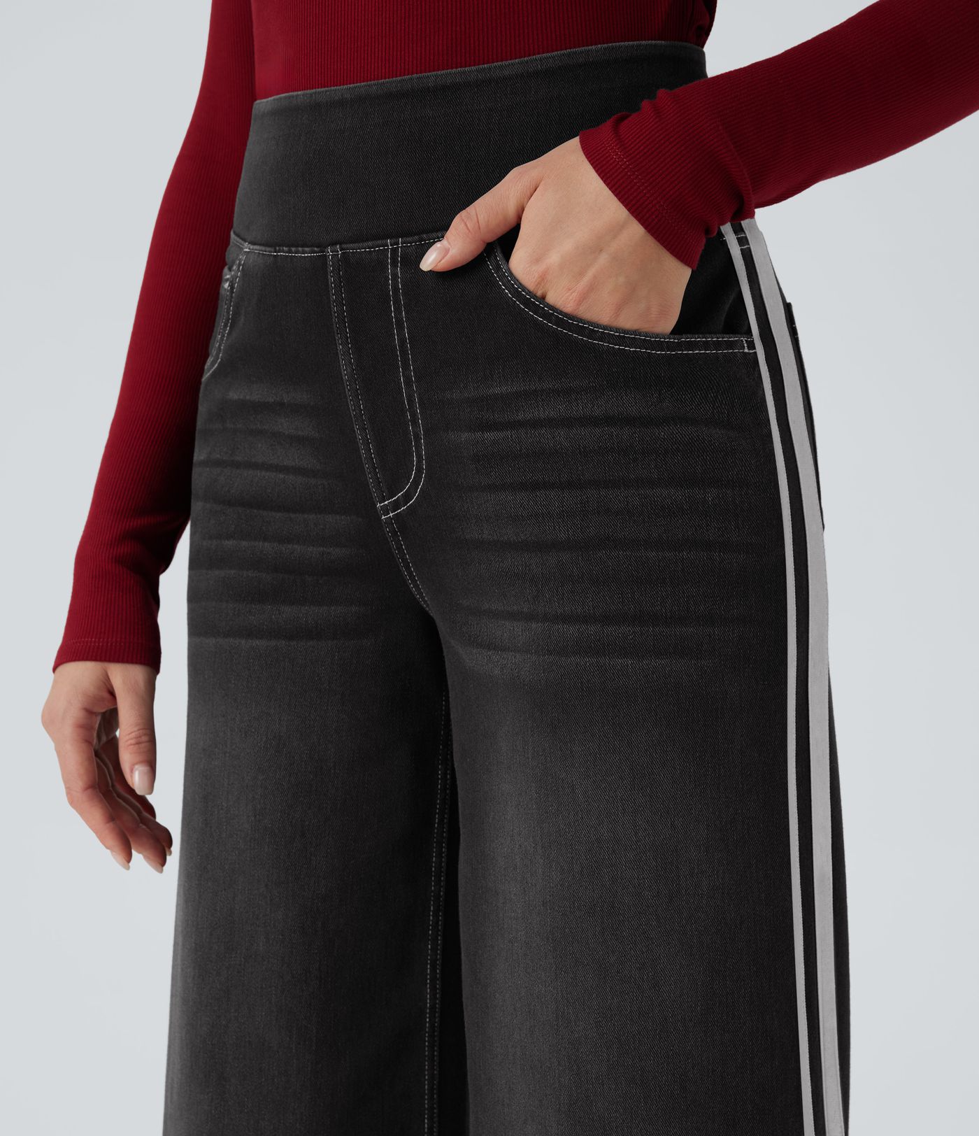 Halara Flex™ High Waisted Stripe Wide Leg Flowy Washed Casual Jeans with Pockets