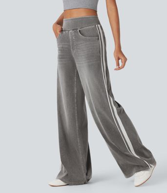 Halara Flex™ High Waisted Stripe Wide Leg Flowy Washed Casual Jeans with Pockets