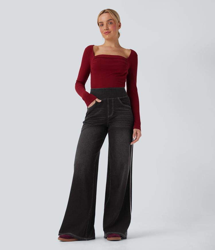 Halara Flex™ High Waisted Stripe Wide Leg Flowy Washed Casual Jeans with Pockets