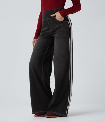 Halara Flex™ High Waisted Stripe Wide Leg Flowy Washed Casual Jeans with Pockets