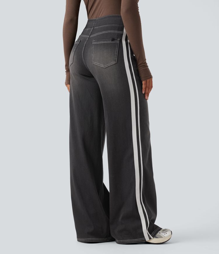 Halara Flex™ High Waisted Stripe Wide Leg Flowy Washed Casual Jeans with Pockets